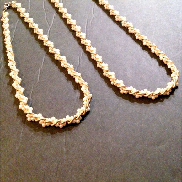 Vintage Faux Pearl Gold Chain Woven Two Necklaces One Bracelet Set Demi Parure - Picture 3 of 5